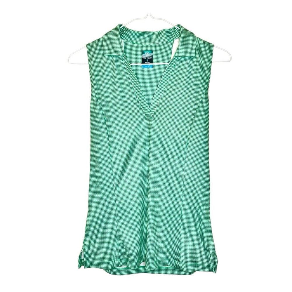 Pro Tour Cool Play Gingham V-Neck Sleeveless Polo Shirt Green White Size Small